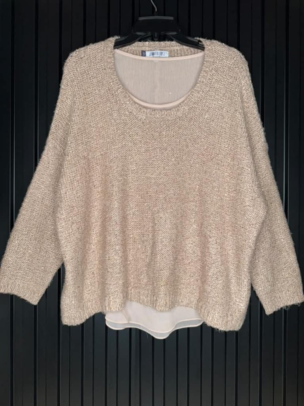 Jennifer Lopez Beige Knit Sweater XL Metallic Sheer Camisole Layered Womens